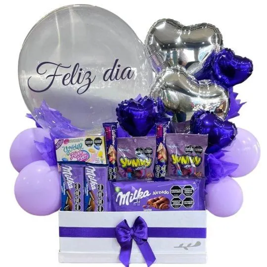 box con chocolates y globos violet